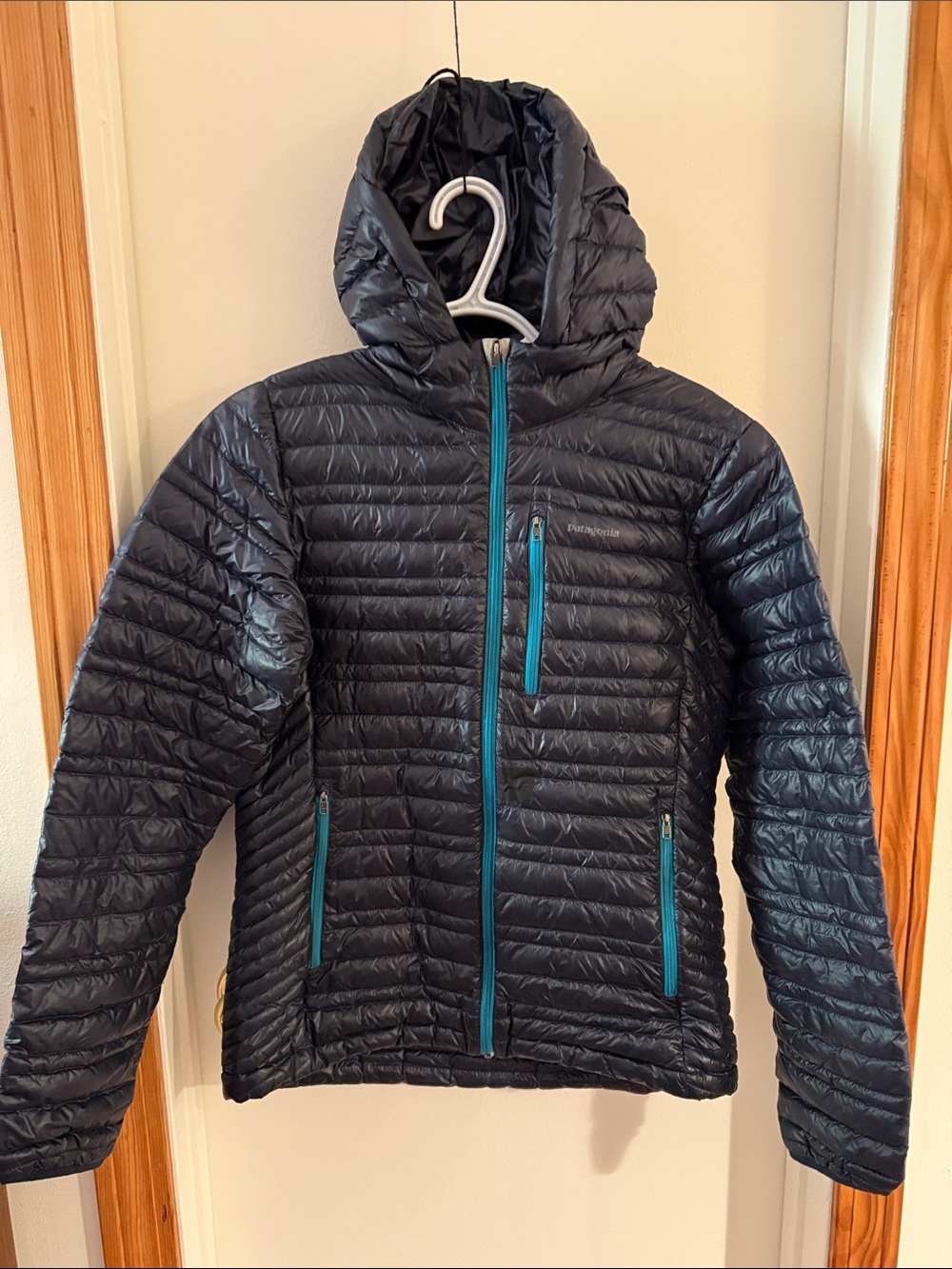 Patagonia Black Hooded Puffer Jacket with Teal Zipper Accents
